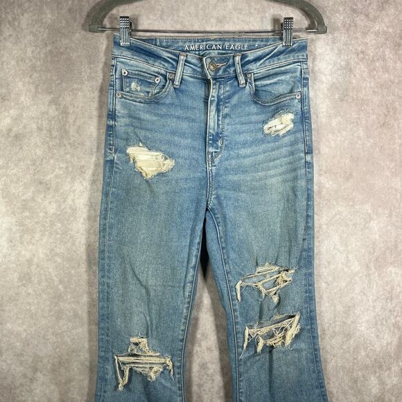 American Eagle Super Hi-Rise Flare Jeans Womens 4 Blue Denim Distressed Stretch - Picture 2 of 16